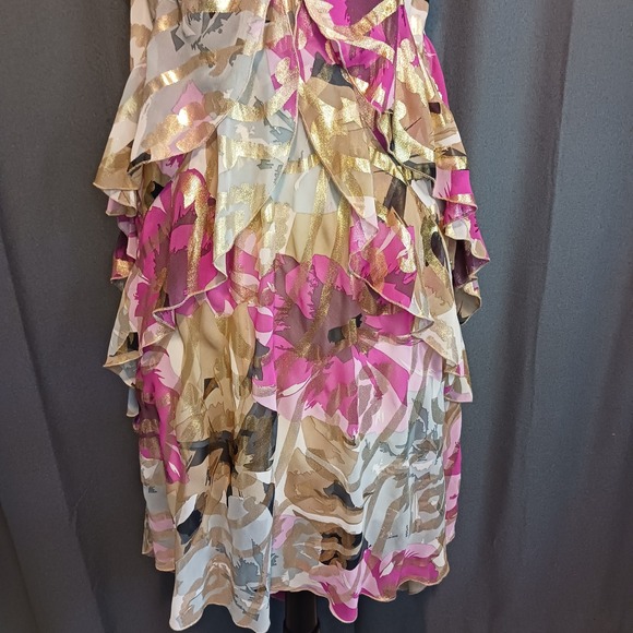 Signature by Robbie Bee Boho Pink Gold Metallic Floral Tiered Ruffle Dress 14 - Picture 4 of 8